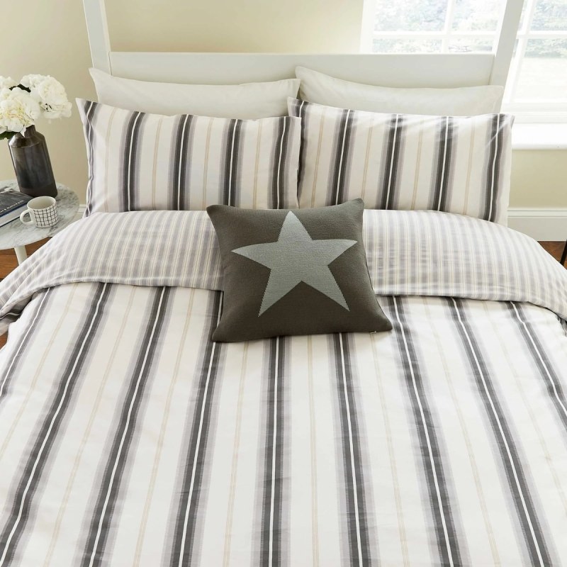 HS LONG ISLAND Coopers Stripe Grey and Linen elevated bed shot Medium